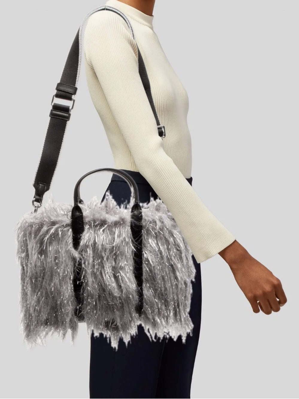 Marc Jacobs The Creature Silver-Gray Faux Fur Tote with Black Leather Straps - Picture 2 of 15